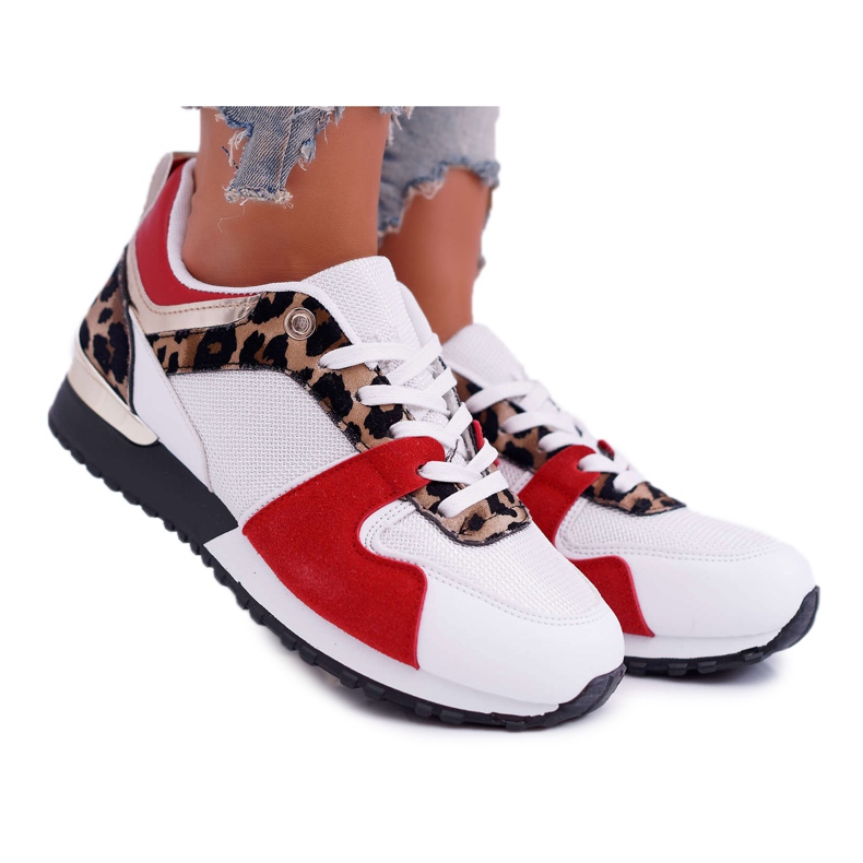 FRJ Women's Sport Shoes Mesh Suede Leopard Merido white red