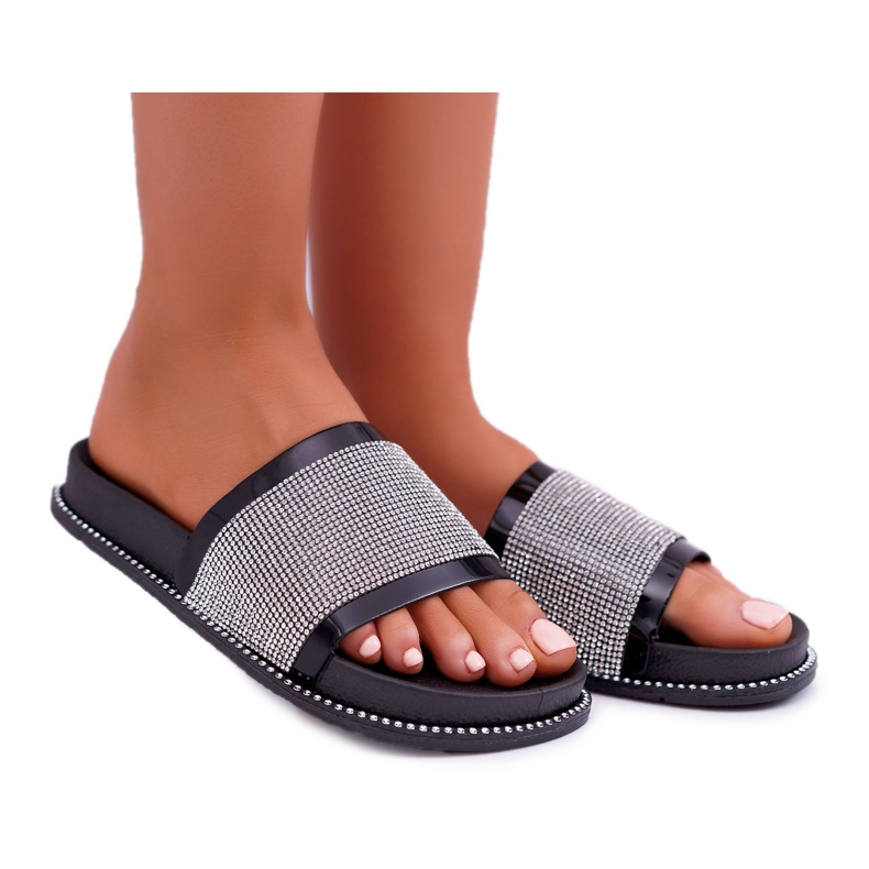 FRBS Women's slippers, profiled with cubic zirconias, Black Rentre