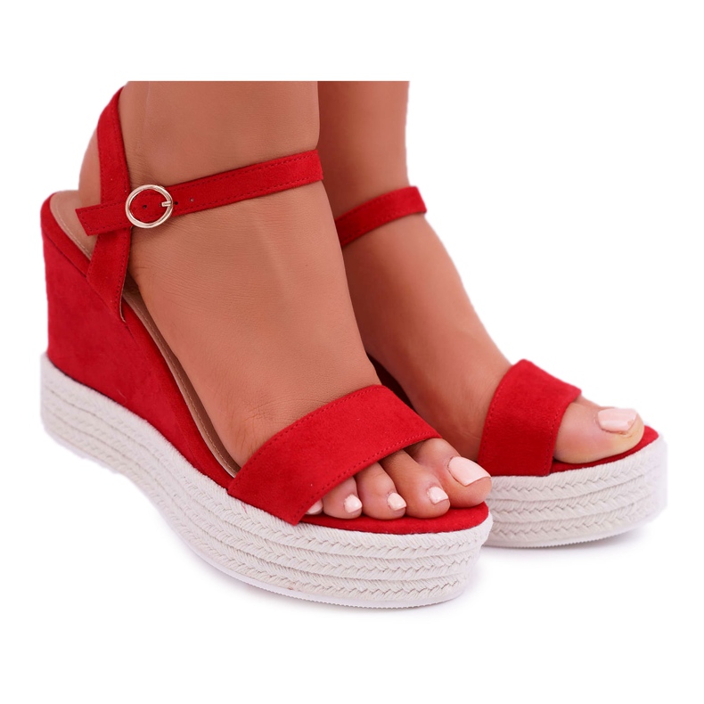 BUGO Women's Sandals On A Wedge Linen Red Liviana