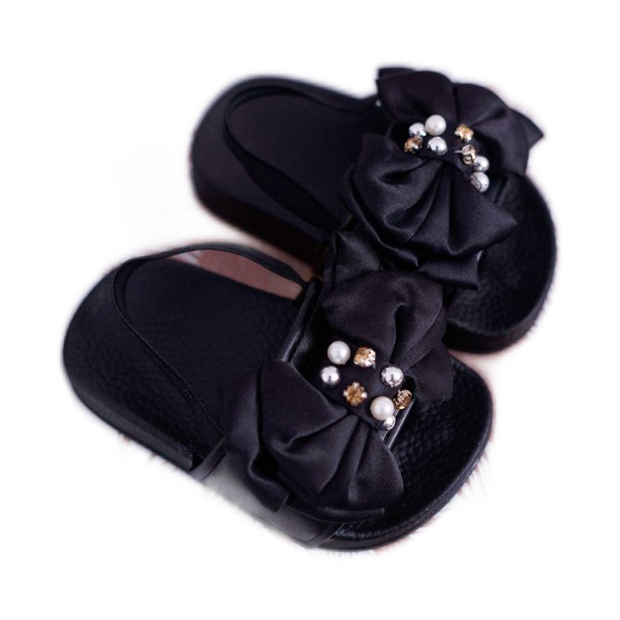 FRROCK Children's Girls' Slides Bow Pearl Black Senari FRROCK Children's Girls' Slides Bow Pearl Black Senari