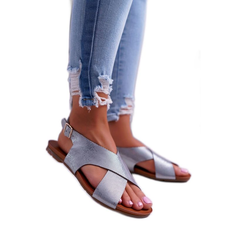 Women's Sandals Flat Leather Laura Messi Silver 1960 grey