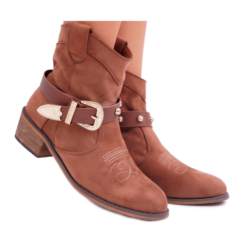 FRBS Women's Boots On Flat Heel Cowboy Boots with a Buckle Camel Ewella brown