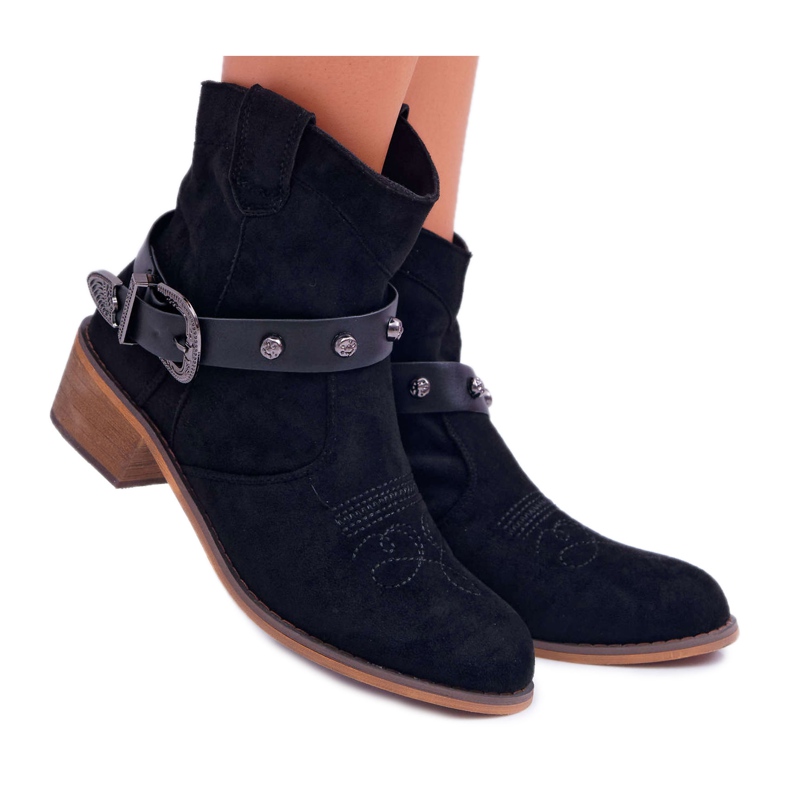 FB2 Women's Boots On Flat Heel Cowboy Boots with a Buckle Black Ewella