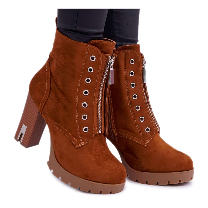 FRERY Women's boots on a high heel with a decorative zipper in Suede Camel Imagine brown