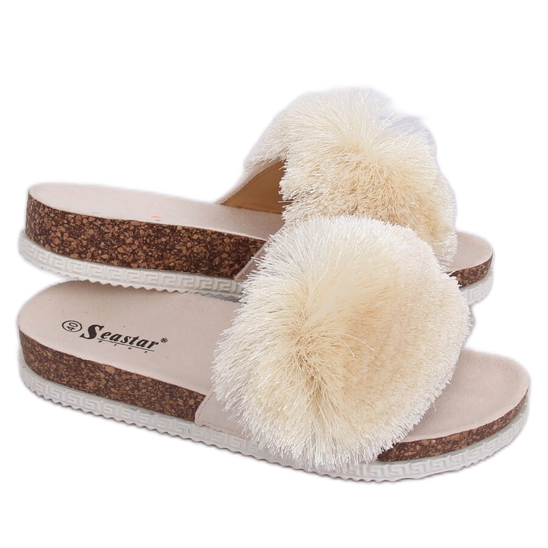 Beige slippers with a pompom BG57P Beige