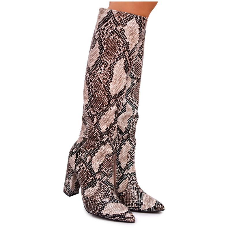 FRGIV Women's Boots On High Heel Snake Skin Beige Brouny