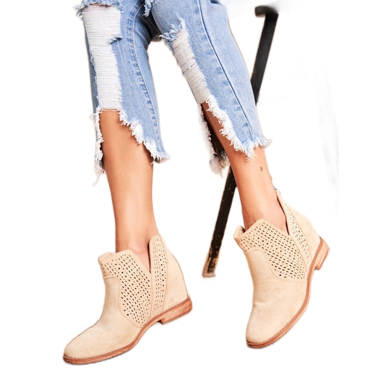 Women's Boots On Flat Heel Suede Openwork Light Beige Shades
