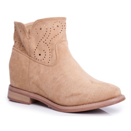 SEA Women's Boots Flat Heel Suede Openwork Beige Raffe