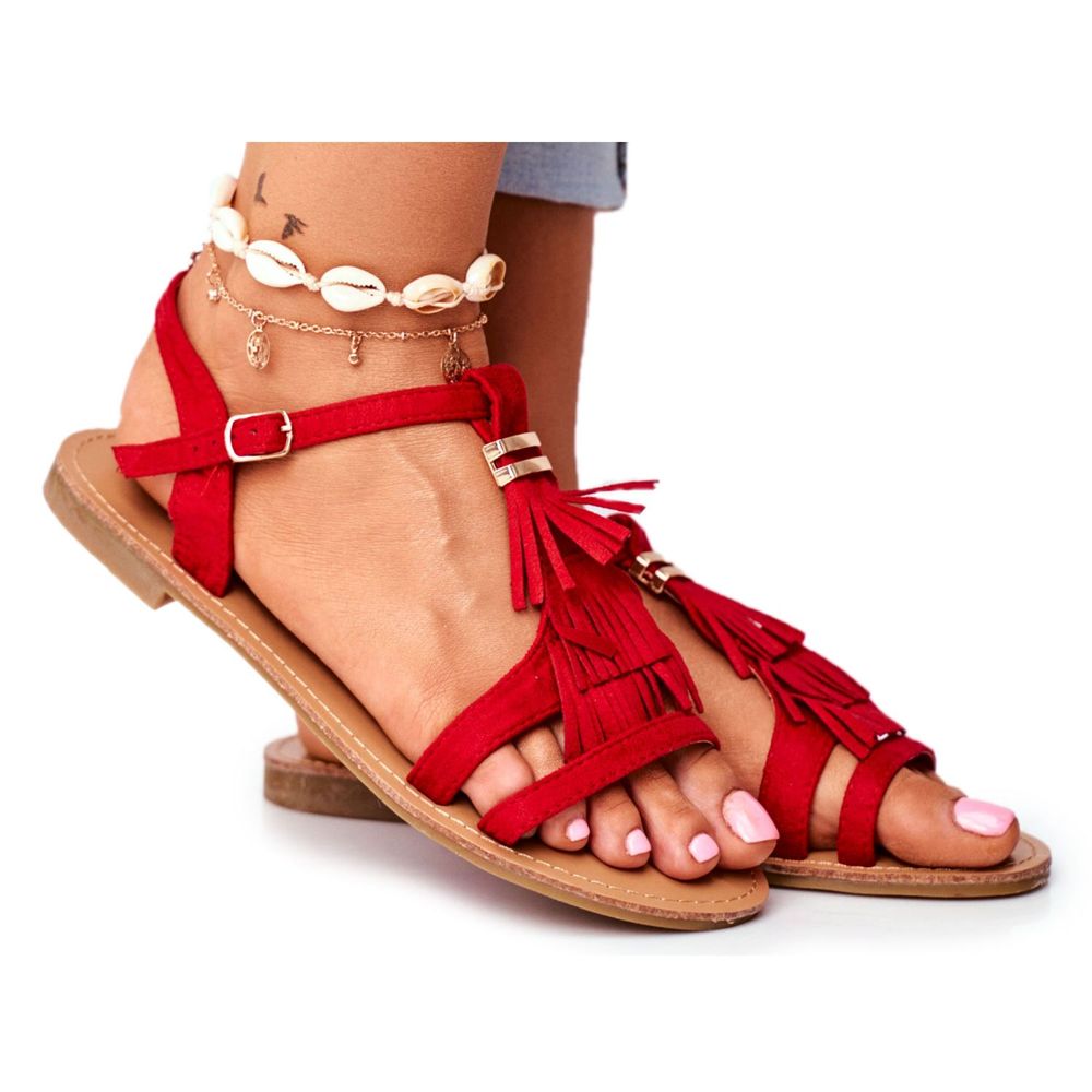 Red suede flat hot sale sandals