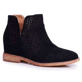 Women's Boots On Flat Heel Suede Openwork Black Shades