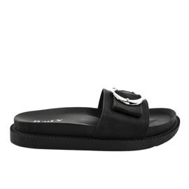 Black slippers with a YQ10067 buckle