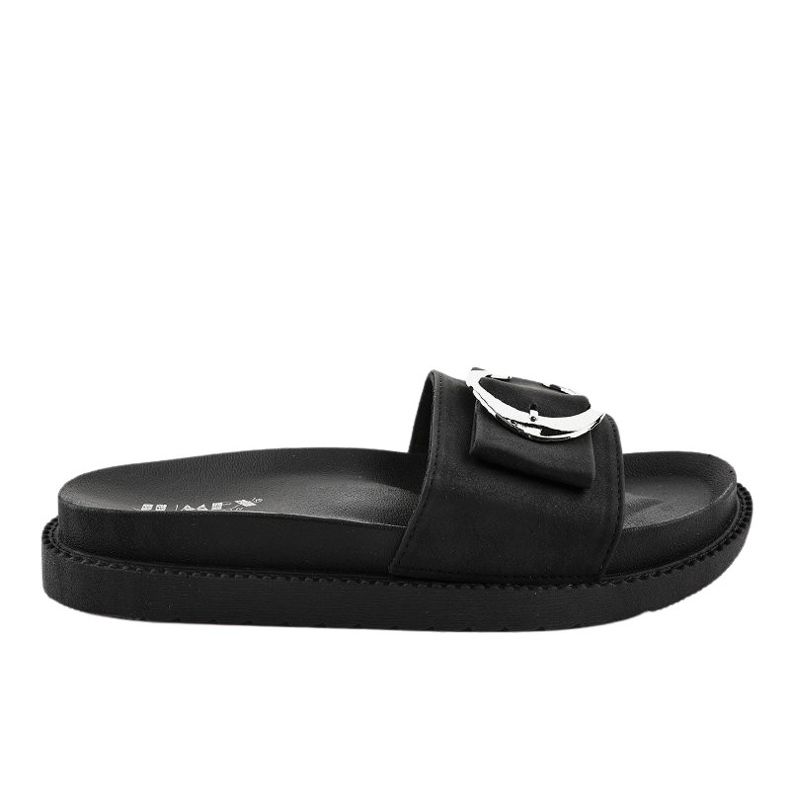 Black slippers with a YQ10067 buckle