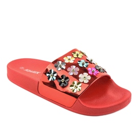 Red flip-flops with flowers D7659-4 Red flip-flops with flowers D7659-4