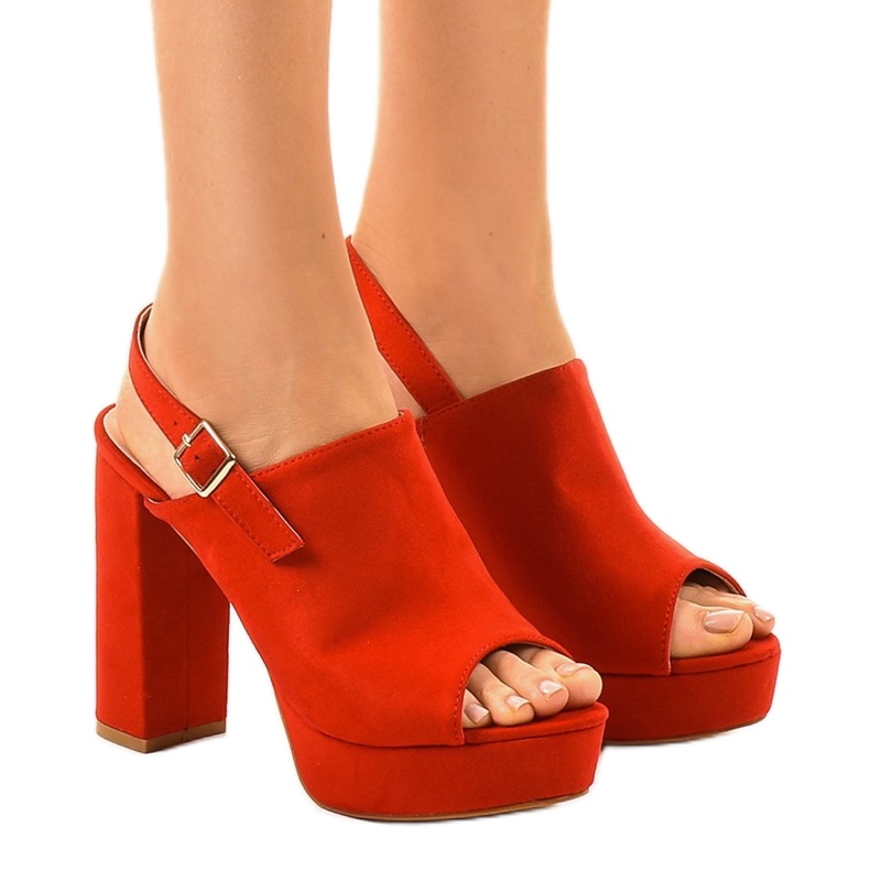 Red high-heeled sandals with an upper 9R05