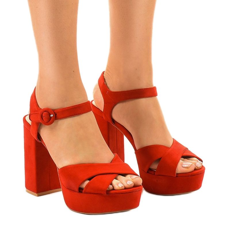 Red sandals on the post of eco-suede 63-202