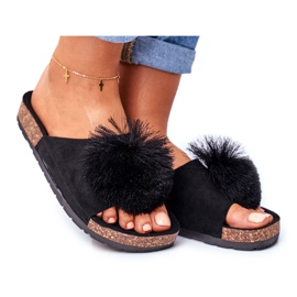 MSMG Women's Black Slippers On Cork With Pompom Galaxo MSMG Women's Black Slippers On Cork With Pompom Galaxo