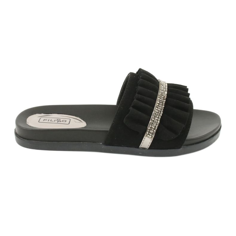 Filippo Black flip flops with frills and zircons
