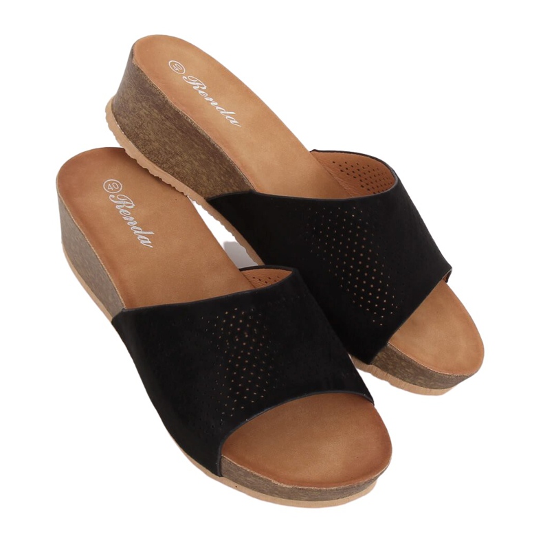 Black slippers on a low wedge black 10-238 Black