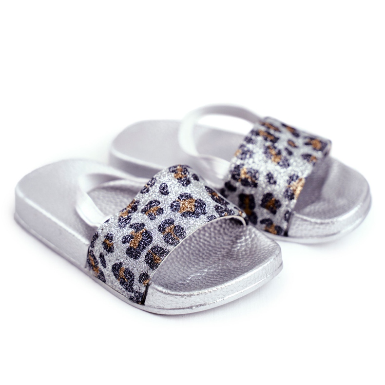 FRROCK Children's Girl's Slippers Brocade Leopard Silver Rimia grey