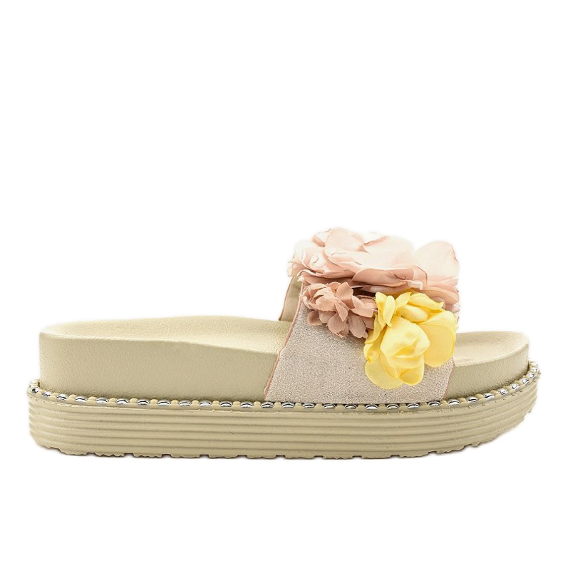 Beige slippers with flowers 6138