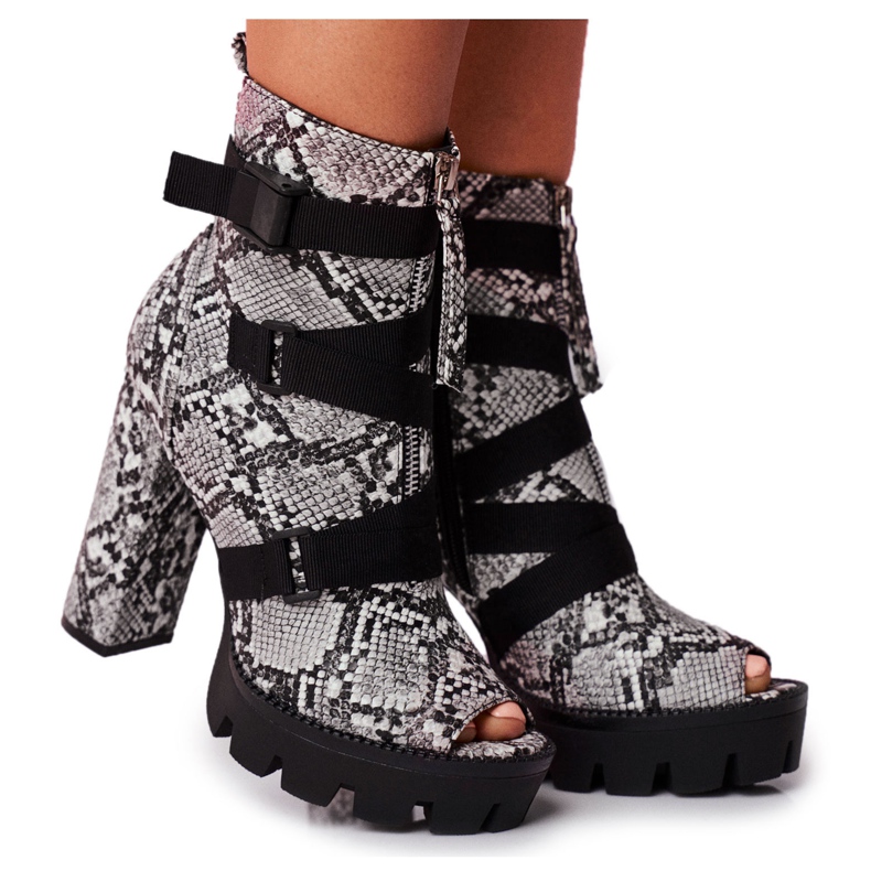 PS1 Women's Ankle Boots Open Toe Snake Skin Gladios black grey