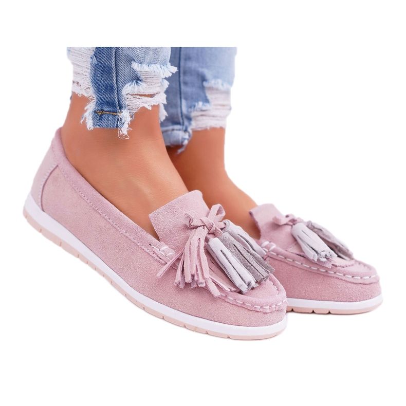 EVE Women's Loafers, Suede Leather With Fringes, Pink Batist