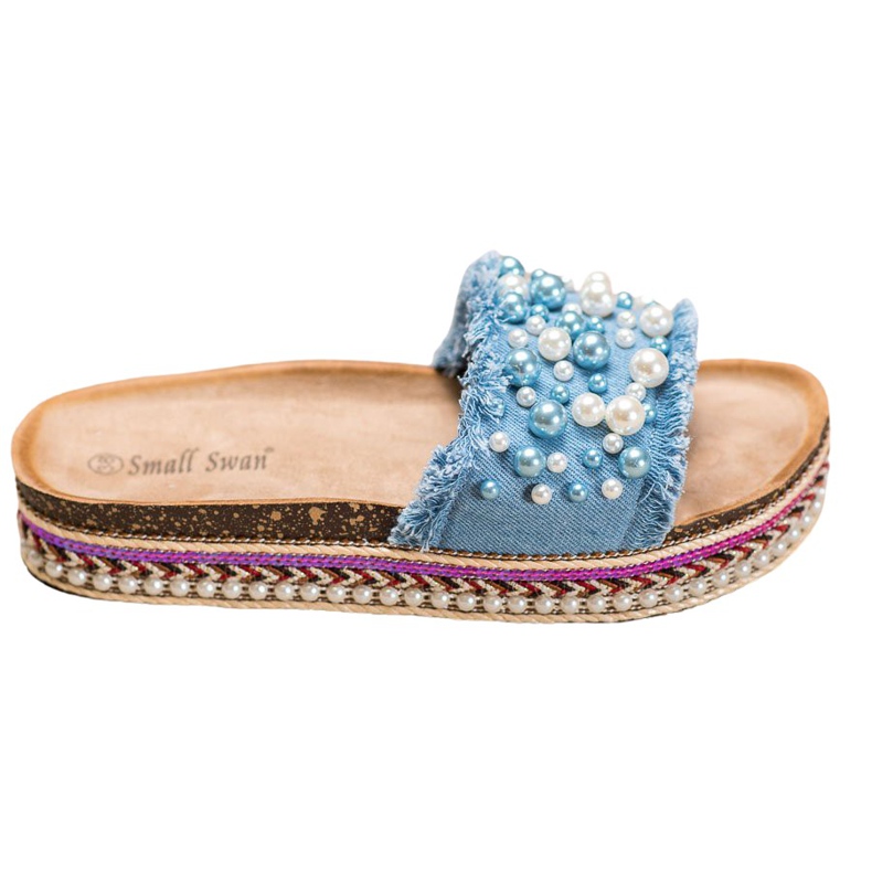 Small Swan Slippers On The Platform With Pearls blue