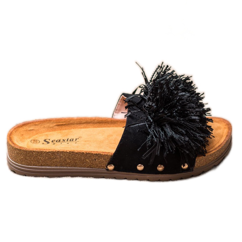 Seastar Black Slippers With Fringes