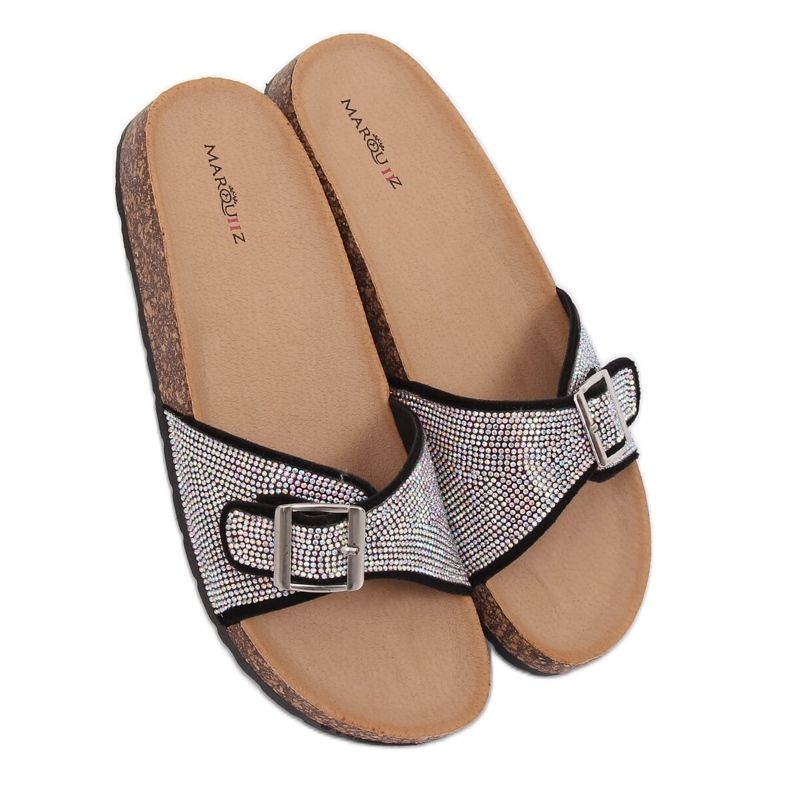 Black slippers with stones L-1032 Black