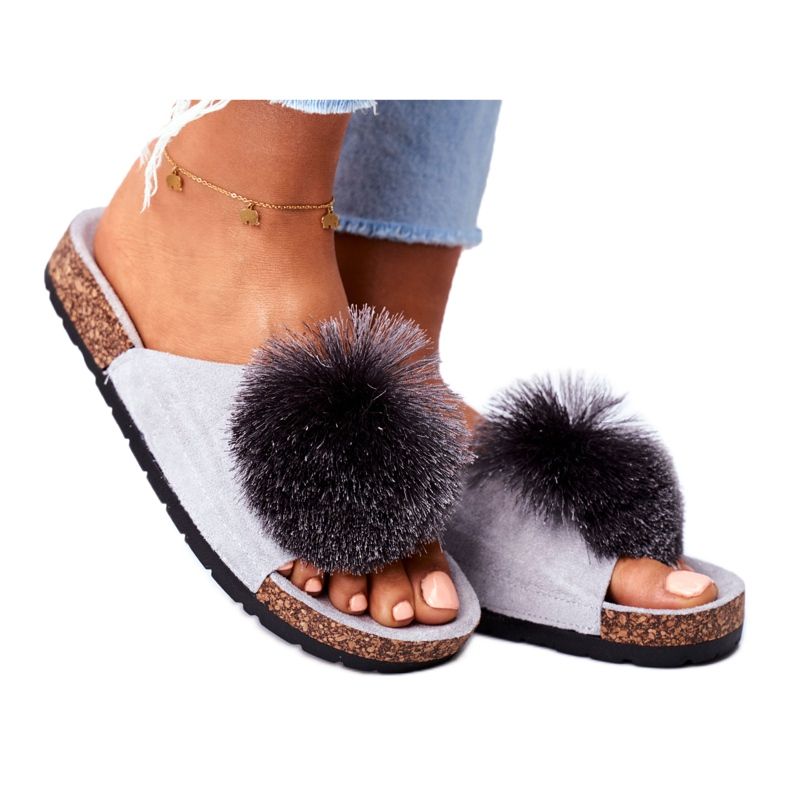 MSMG Women's Gray Slippers On Corks with Pompom Galaxo grey