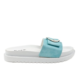 White and blue slippers with a YQ10067 buckle