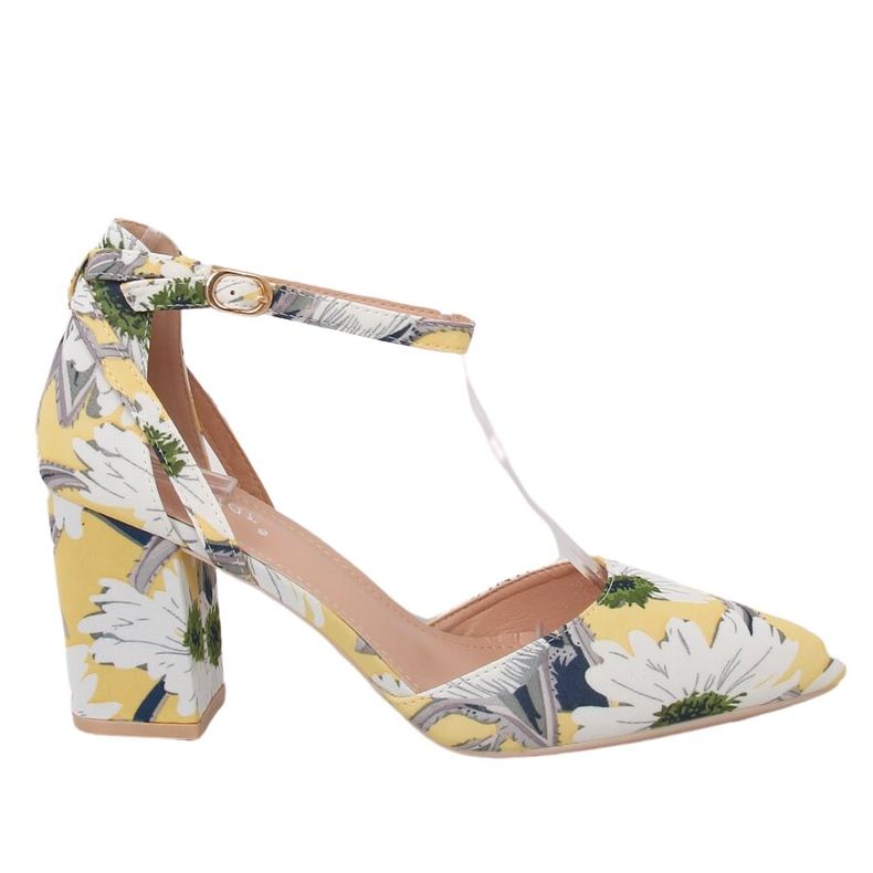 Pumps on the post with flowers LE076P Yellow multicolored