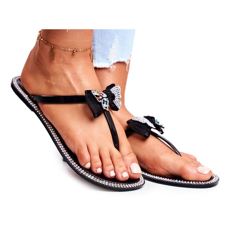 LU BOO Women's Rubber Slippers Black Flip-Flops Lissy Rhinestones