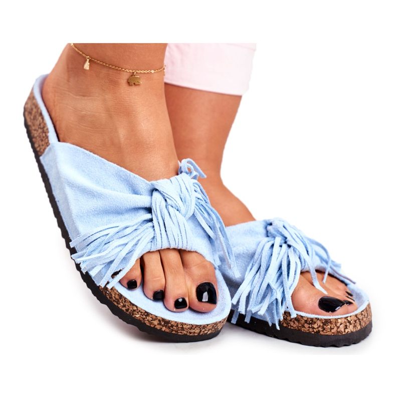 BUGO Women's Blue Slippers On Cork Fringe Marina