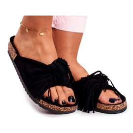 BUGO Women's Black Slippers On The Cork Fringe Marina BUGO Women's Black Slippers On The Cork Fringe Marina