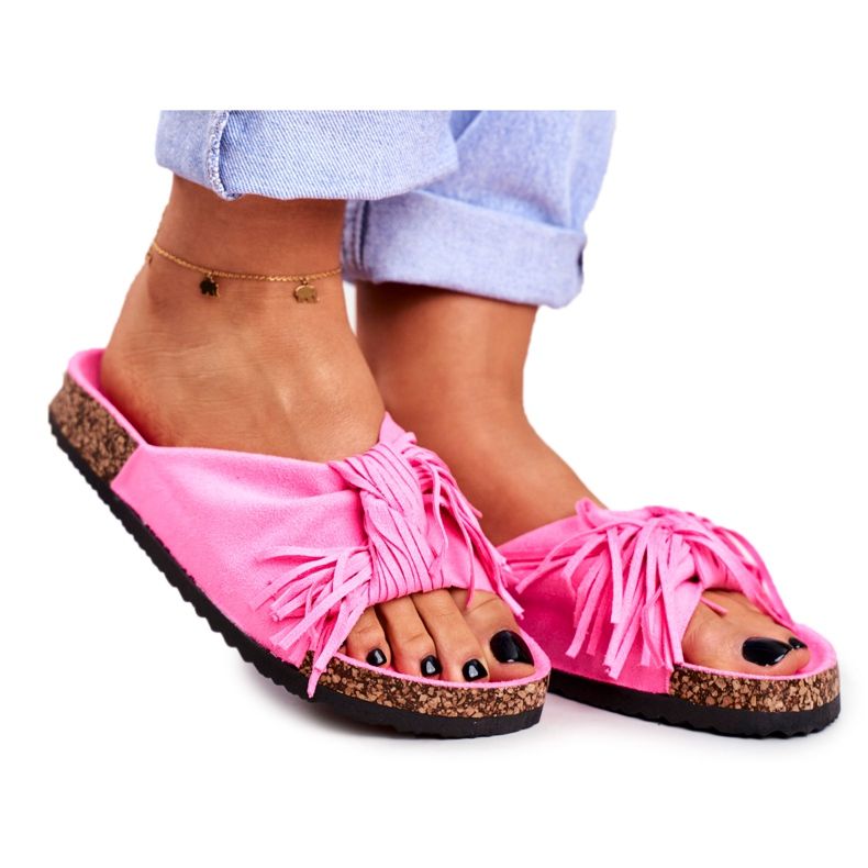 BUGO Women's Pink Fluo Flip Flops On Cork Fringe Marina