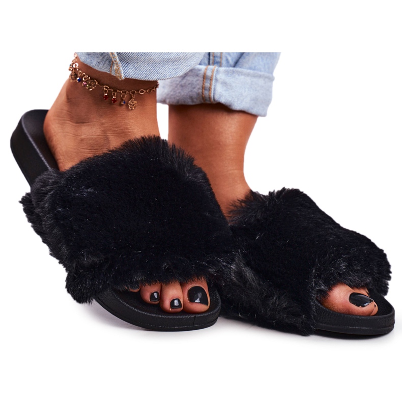 PB2 Women's Slippers With Fur Black Sensitive