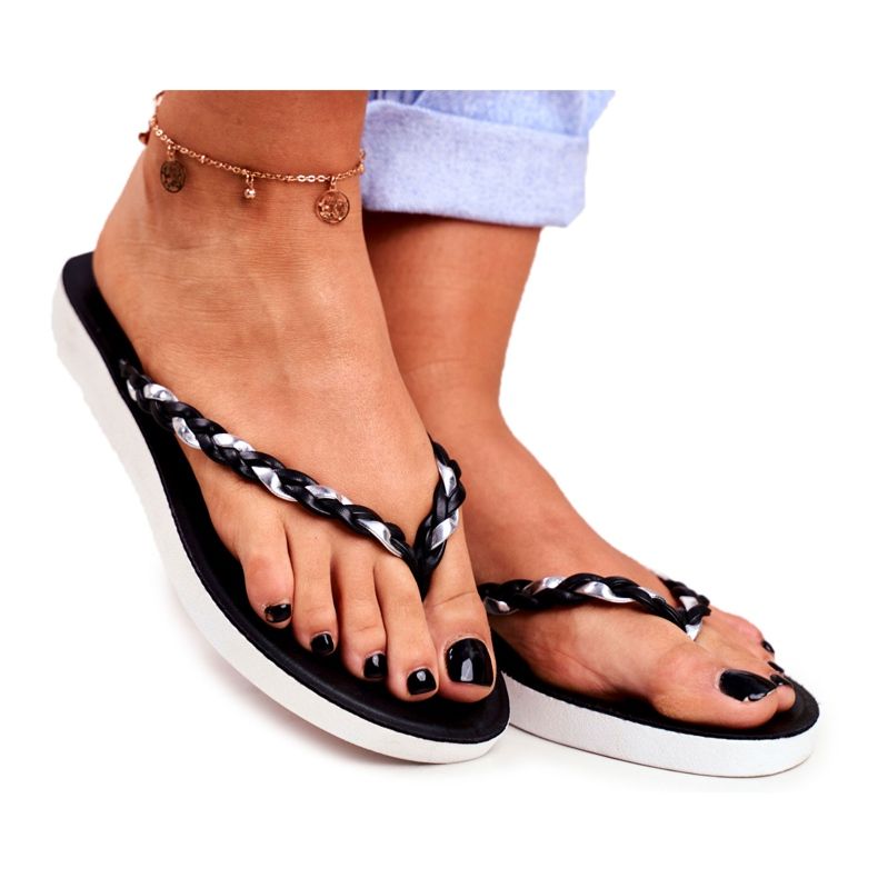 PS1 Women's Slippers Flip-flops Braided Belt Black Peggie