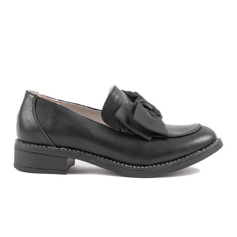 Black slip-on shoes with a RS-WED2 bow