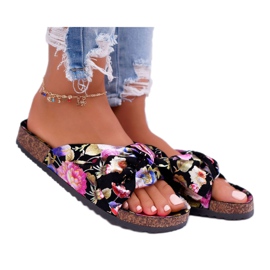 SEA Women's Black Slippers On Cork Flowers Wendy's Bow purple pink golden