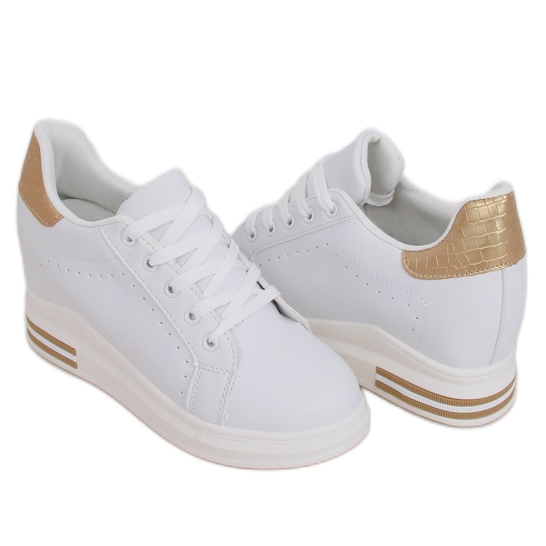 White MY-0367 WHITE / GOLD sneakers on a hidden wedge golden