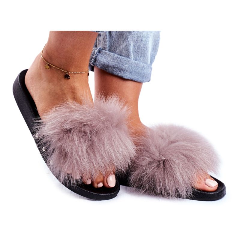 Women's Slippers with Natural Fur Light Gray Bushido grey Women's Slippers with Natural Fur Light Gray Bushido grey