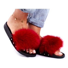 Women's Slippers with Natural Fur Red Bushido