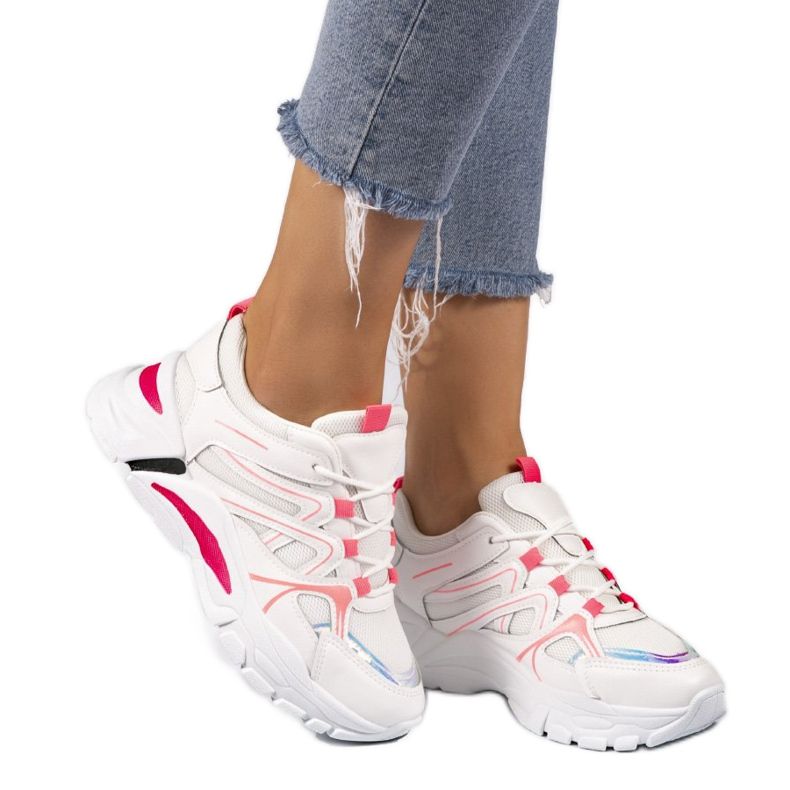 1070 white sports sneakers with pink inserts