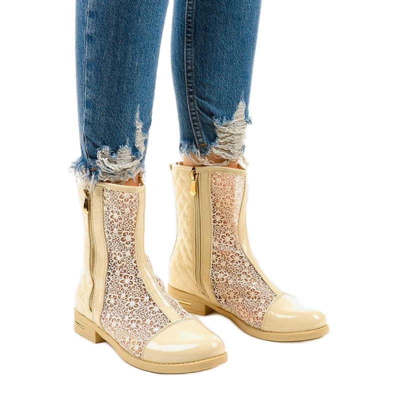 Beige openwork flat boots X362-2