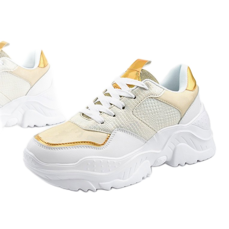 White sports sneakers with gold inserts AB679 golden White sports sneakers with gold inserts AB679 golden