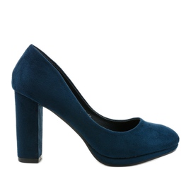 Blue suede pumps on the Recite post