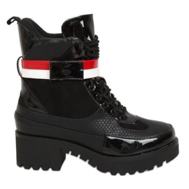 Black lace-up women's boots NS086 Black white red Black lace-up women's boots NS086 Black white red