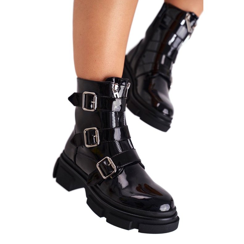 PS1 Women's Boots Buckles, Zippers, Lacquered Black Kassandra