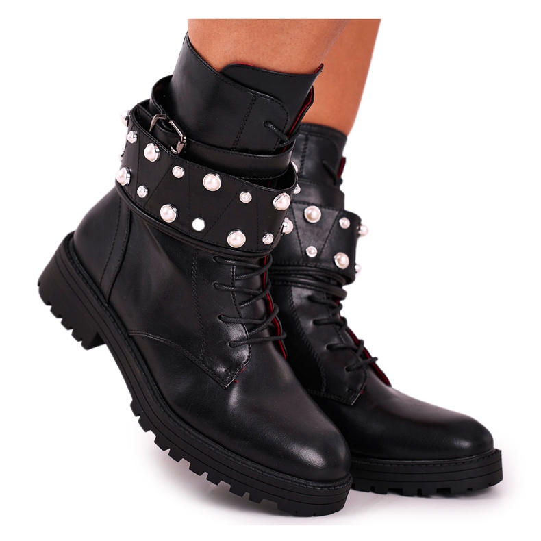 FE1 Women's Flat High Boots Black with Pearls Mishigan